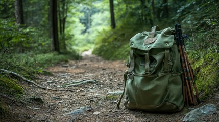 A green canvas bag with hiking gear peeking out on a forest trail.