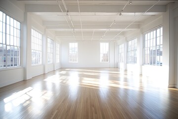 Fototapeta premium Spacious, bright, empty loft space. Sunlight streams through large windows