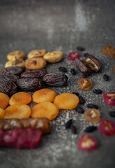 Composition of dried fruits dates, figs, apricots, churchkhela