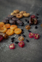 Composition of dried fruits dates, figs, apricots, churchkhela