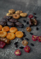 Composition of dried fruits dates, figs, apricots, churchkhela