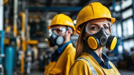 Two engineers in yellow hazmat suits and gas masks inspect a fuel leak in an industrial warehouse, wearing full protective gear as part of an indoor industrial accident response.