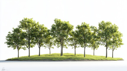 Fototapeta premium Lush green trees stand in row on grassy mound, creating serene and peaceful atmosphere. bright background enhances vibrant colors of foliage, inviting sense of tranquility