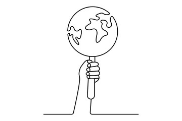 Earth globe continuous one line hand drawing of hand holding simple vector icon