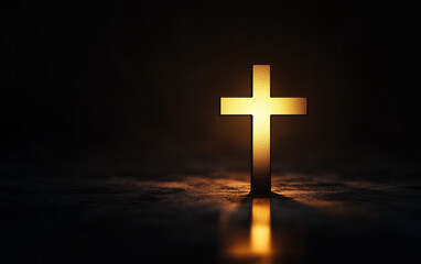 Fototapeta premium Illuminated Cross in Darkness – Spiritual Symbol with Copy Space (Minimalist Black Background, Divine Light Concept)