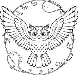 Owl with outstretched wings, black and white drawing