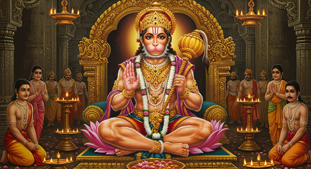 Majestic depiction of Lord Hanuman adorned in divine regalia and surrounded by devotees
