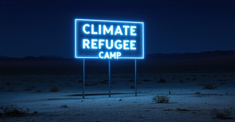 Neon climate refugee camp sign glowing dimly on desertified landscape deep navy and bright silver symbolizing environmental collapse