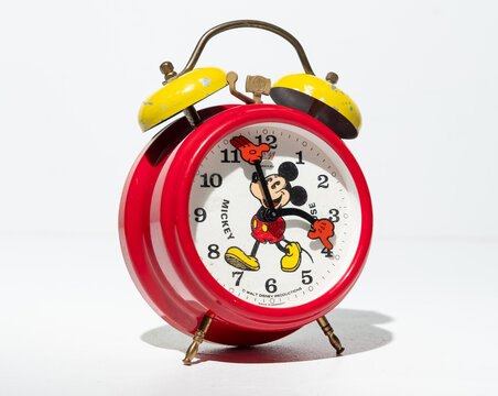 Kent, uk 01.01.2025 Vintage Mickey Mouse Wind Up Alarm Clock Walt Disney Bradley Made In Germany 1980s vintage merchandise. Mickey Mouse wind up toy.