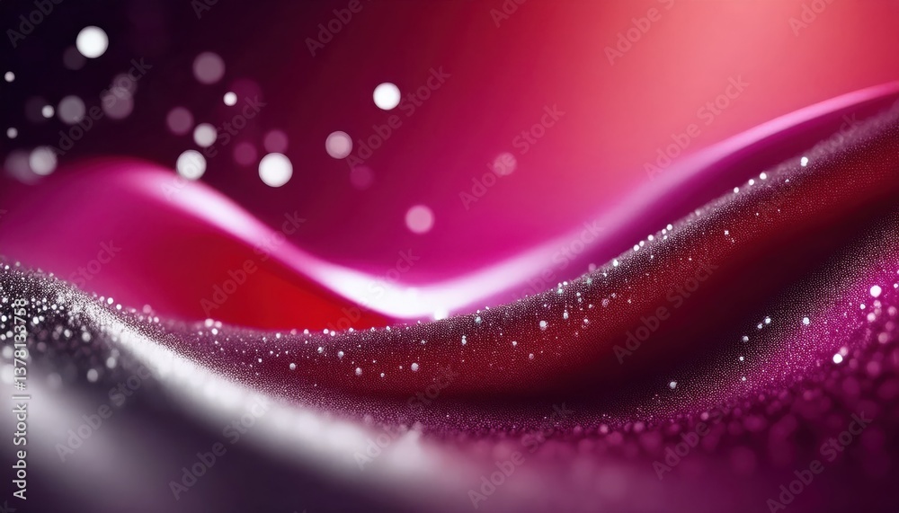 Poster luxurious pink and red silk waves with sparkling dewdrops, abstract macro texture for elegant background and branding

