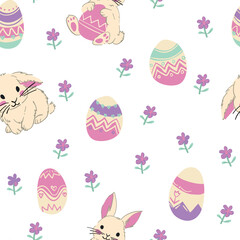 White background featuring bunnies holding eggs, blue flowers with green stems, and scattered dots, ideal for a whimsical Easter design.