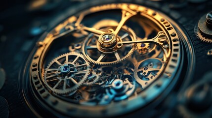 Intricate Clockwork Mechanism, Close-Up View of Golden Gears and Precise Engineering