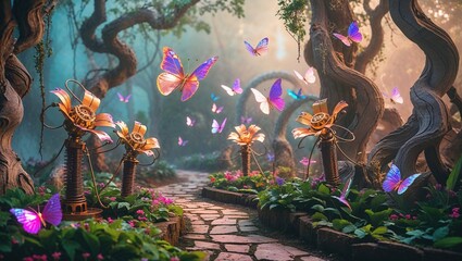 In a magical forest, fantastic mechanical flowers bloom amidst vibrant butterflies. Soft light filters through the trees, creating a mystical atmosphere with lush greenery