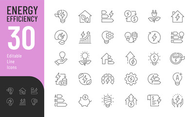 Energy Efficiency Line Editable Icons set. Vector illustration in modern thin line style of ecology related icons: energy saving light bulb, sustainability, electricity, and more. 