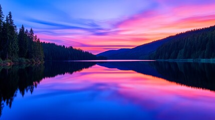 Fototapeta premium Serene Sunset Lake Reflection - Peaceful lake reflecting vibrant sunset colors, symbolizing tranquility, beauty, nature, serenity, and reflection