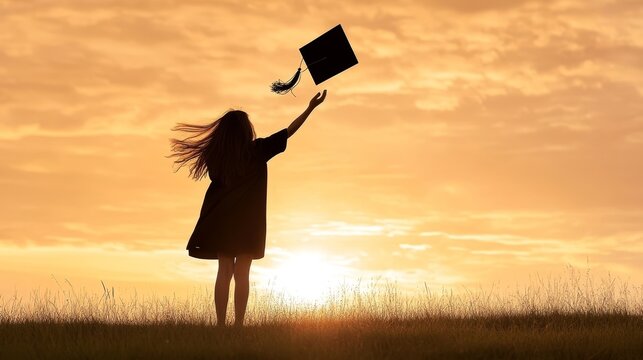 Celebrating graduation university campus diploma ceremony sunset view academic achievement with certificate and graduation cap