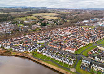 Blaydon on Tyne UK: 2nd March 2025: Aerial drone view of a scenic residential area on the River Tyne