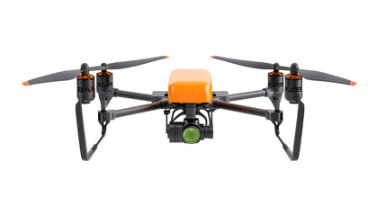 Unmanned drone with orange casing, close-up on camera, aviation, cut out transparent