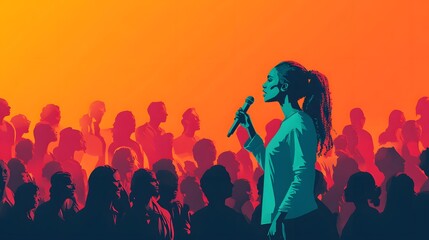 Woman speaking to a crowd with a message of unity and progress for all women