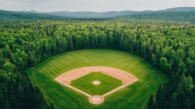 Aerial View of a Scenic Baseball Diamond Surrounded by Lush Green Forest Landscape in Clear Daylight