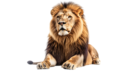 Lion lying down on white or transparent background.