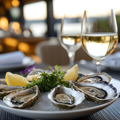 Fresh oysters served on ice with white wine at sunset