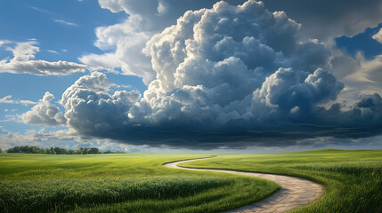 serene landscape featuring winding path through lush green fields under dramatic sky filled with clouds, evoking sense of tranquility and wonder