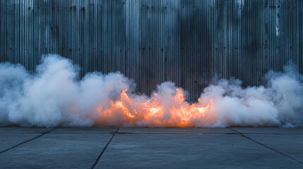 dramatic scene featuring lots of white smoke along ground, contrasted by vibrant orange flames. industrial backdrop adds to intensity of moment, evoking sense of urgency and excitement