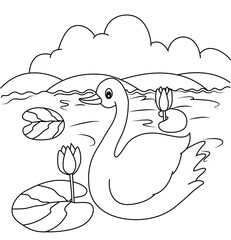 Cute cartoon hand drawn vector swan floating on water coloring page.