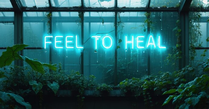 Naklejki Chunky neon feel to heal in sky blue and gold softly glowing inside fogged up greenhouse filled with overgrown vines and glass condensation