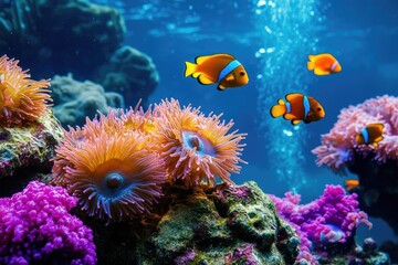 Naklejka premium Vibrant coral reef teeming with clownfish (1)