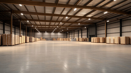 spacious warehouse interior with neatly stacked wooden pallets, showcasing high tech storage