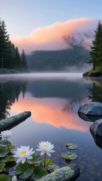 Morning Fog and Waterlilies on a Mountain Lake