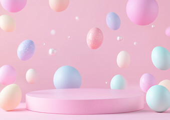 Holographic Easter Egg Podium – 3D Minimalist Scene with Floating Eggs & Gradient Spheres for Product Mockups (Pink/Blue/Purple Pastel Style)