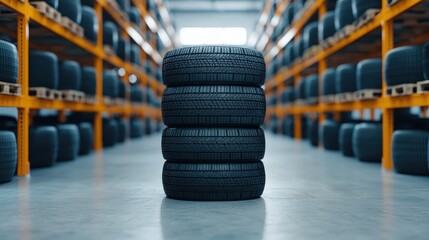 Stack of Four Black Tires in Automotive Warehouse Surrounded by Shelves of Additional Tires and Equipment