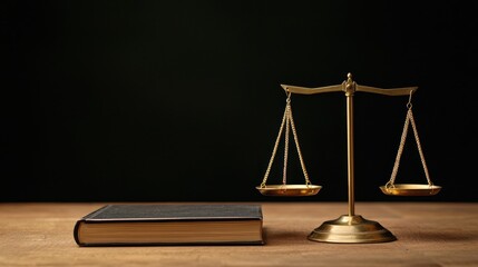 Detailed Still Life of a Brass Scales of Justice Alongside a Closed Law Book on a Wooden Table