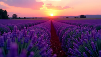 Fototapeta premium A field of lavender at sunset in summer.