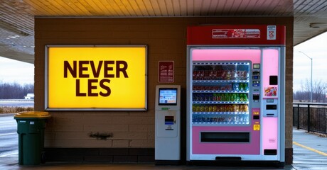 Naklejka premium Chunky sign never less in gold and pink glowing beside vending machine in highway rest stop with flickering ceiling light and trash bin shadows