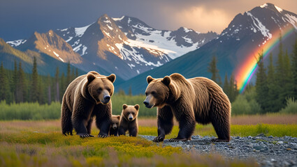 "Brown Bear Family Walking in Rural Alaska with a Rainbow | Wildlife & Nature"

