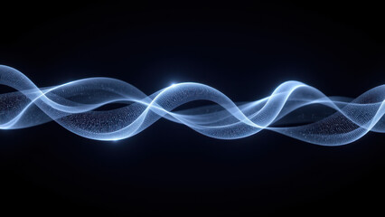 Dynamic blue ribbon-like abstract electronic energy flow with glowing particles.