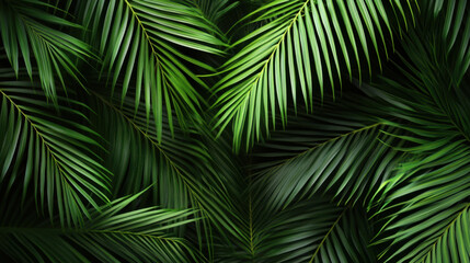 Lush green palm leaves create vibrant summer background, evoking sense of tropical paradise and relaxation. Perfect for nature themed designs and seasonal projects
