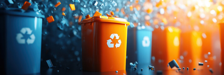 Recycling bins vibrant colors are surrounded by floating debris, symbolizing importance of waste management and environmental sustainability. This dynamic scene captures essence of recycling