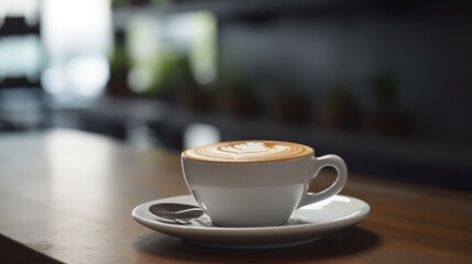 Elegant coffee cup on wooden table.