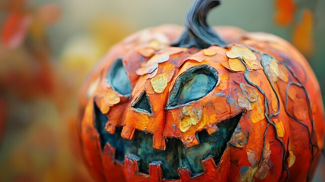 Close-up of a handmade pumpkin made from paper mache with painted details