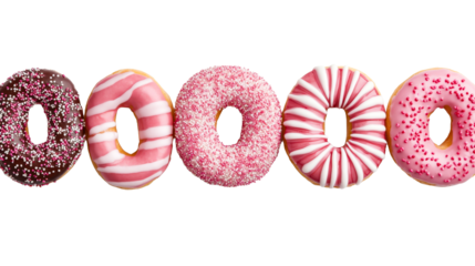 Assorted doughnuts isolated on black background, cut out transparent