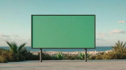 Blank Billboard with Scenic View of Coastline and Lush Nature Surrounding in Bright Daylight