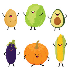 Collection of cartoon vegetable characters. Cute funny vegetables for kids - potato, pumpkin, avocado, corn, eggplant and cabbage