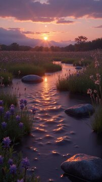 Sunset Scenery over a Stream and Flower Field