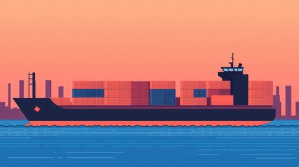 Obraz premium Colorful Container Ship Silhouette in Calm Water at Sunset with Industrial Background and Serenity Vibe