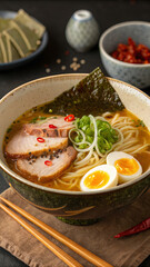 Ramen. Traditional Japanese ramen is a flavorful dish in a ceramic bowl - food vertical format 